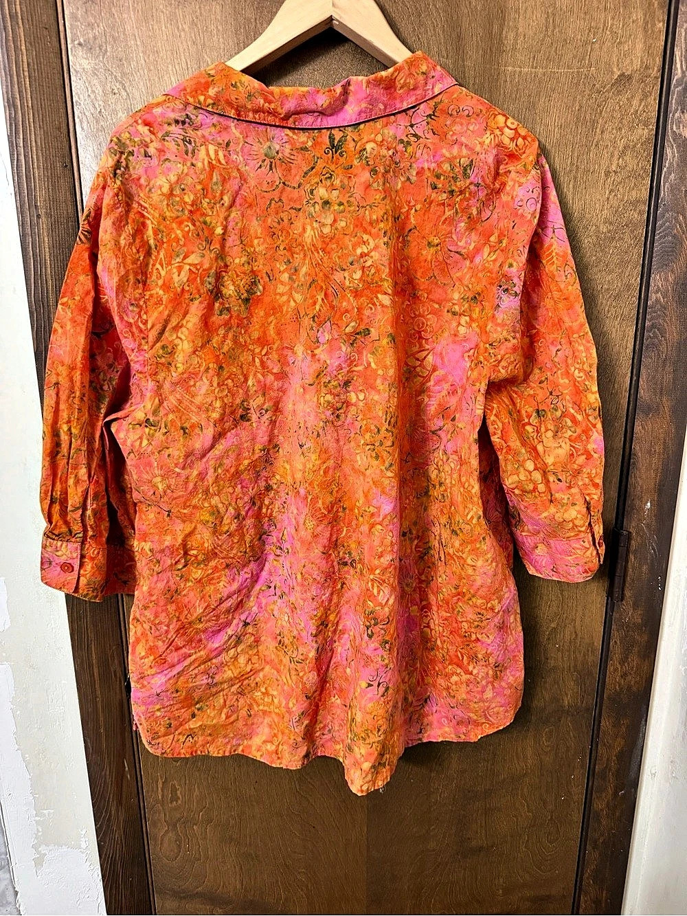 Catherines 1X Floral Button-Front Cotton Shirt Pink & Orange Lightweight - Picture 2 of 8